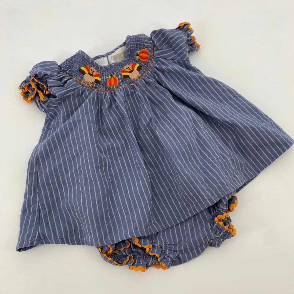 Lil Cactus Smocked Turkey Pumpkin‎ Bloomer Set Baby Girls 18-24M Blue Striped